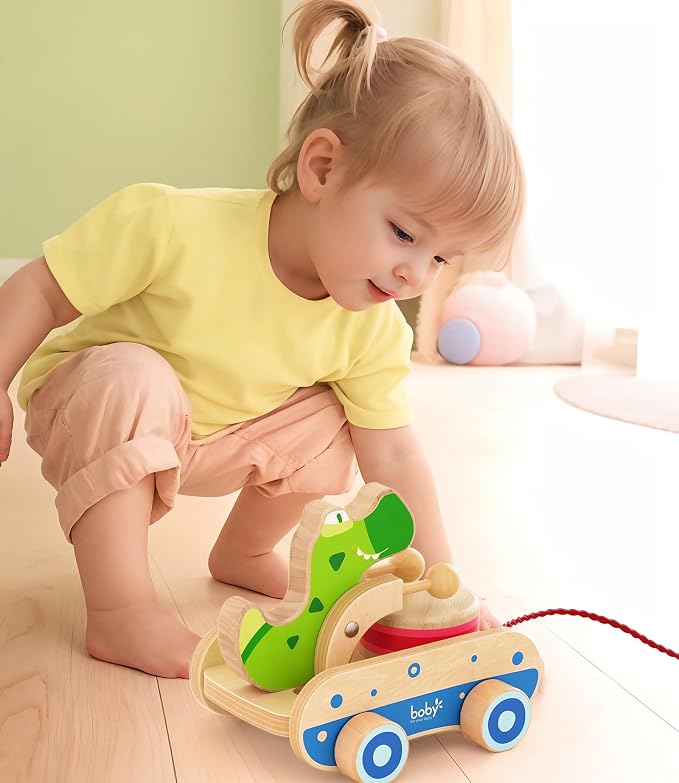 Baby Gift Wooden Toddler Pull Toy, Crocodile Drum Tapping Children's Toy, Baby dragging and Learning to Walk, Rope Traction Rope Crawling for Toddlers Ages 1+