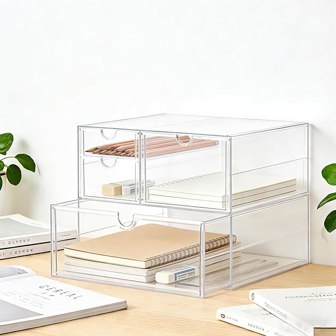 Prsildan Acrylic Drawer Makeup Organizer with 4 Drawers, Set of 2 Office Desk Organizers Accessories, Clear Stackable Storage Drawers for Vanity, Countertop, Craft, Jewelry, Art Supply Organization