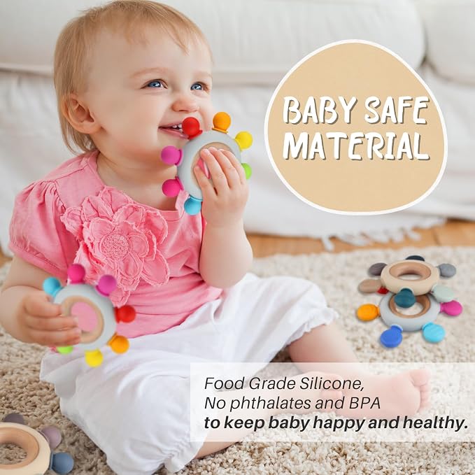 Baby Teething Toys, Silicone Chewable Teethers with Wooden Ring for Soothing Babies Gums, Rudder Chewers Shower Gift for lnfants & Toddlers, 3+ Months (8 Directions, Gray)