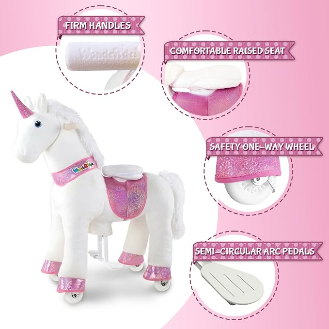 WondeRides Ride on Unicorn Horse White Pony Cycle Toy Size 4 for 4-9 Years, 36 Inch Height Riding Pony Unicorn with Wheels Mechanical Walking Rocking Plush Animal as Birthday Gifts for Children M432-1