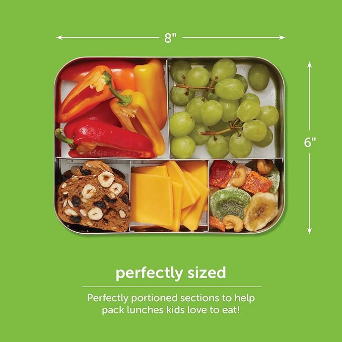 LunchBots Large Cinco Stainless Steel Lunch Container - Five Section Design Holds a Variety of Foods - Metal Bento Box - Dishwasher Safe - Stainless Lid - Blue Dots