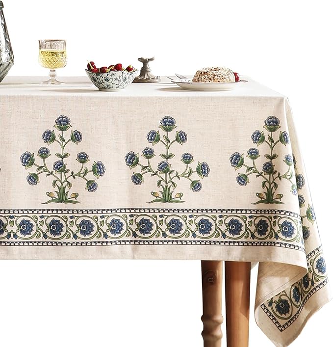 patdrea Designer Linen Vintage Blue Rectangle Tablecloth,Leaves Pattern Durable Floral Table Cloth,French Table Cover Cloth Decor for Kitchen Dining,Christmas,Thanksgiving,Party,55"x79"-Ivar B