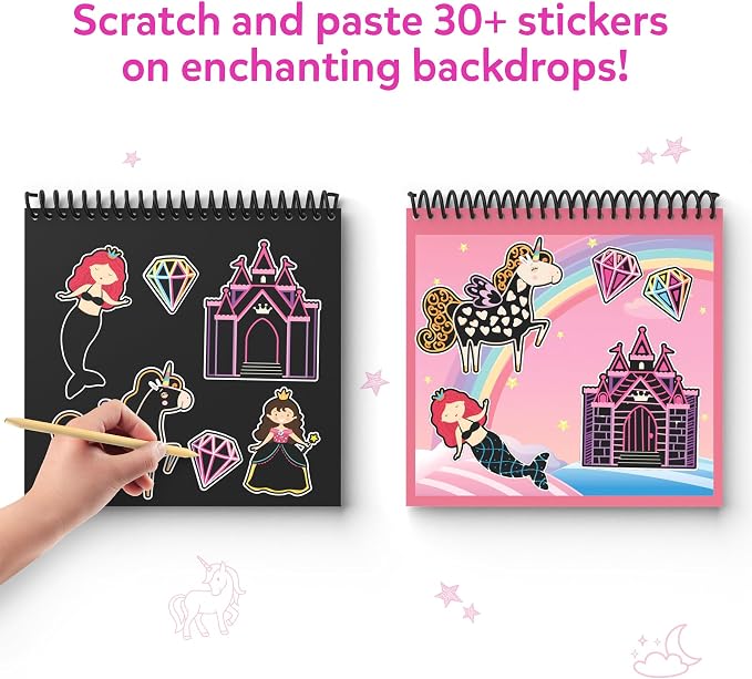 Skillmatics Scratch Art Book for Kids - Unicorns & Princesses, Craft Kits & Supplies, 30+ Scratch Stickers, Travel Toys, DIY Kit, Gifts for Girls & Boys Ages 3, 4, 5, 6, 7, 8