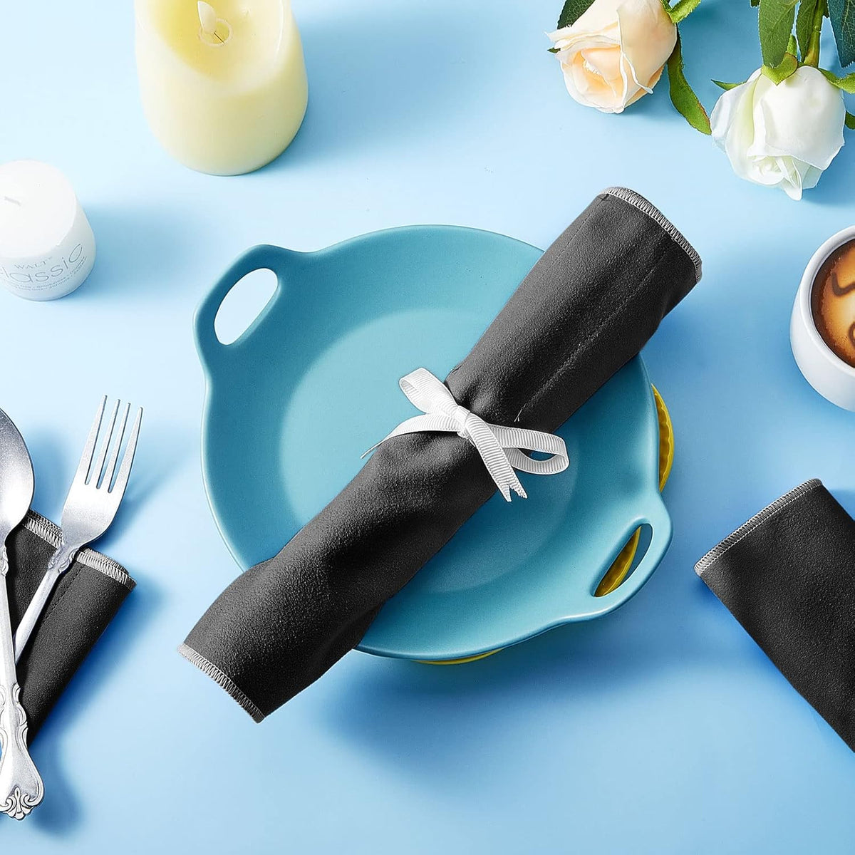 Hillban 18 Pcs Anti Tarnish Silver Storage Bags Silver Storage Cloth Felt Flatware Organizer Anti Tarnish Protector Bags Place Setting Roll with White Ribbon for Kitchen Cutlery Utensils (Black)