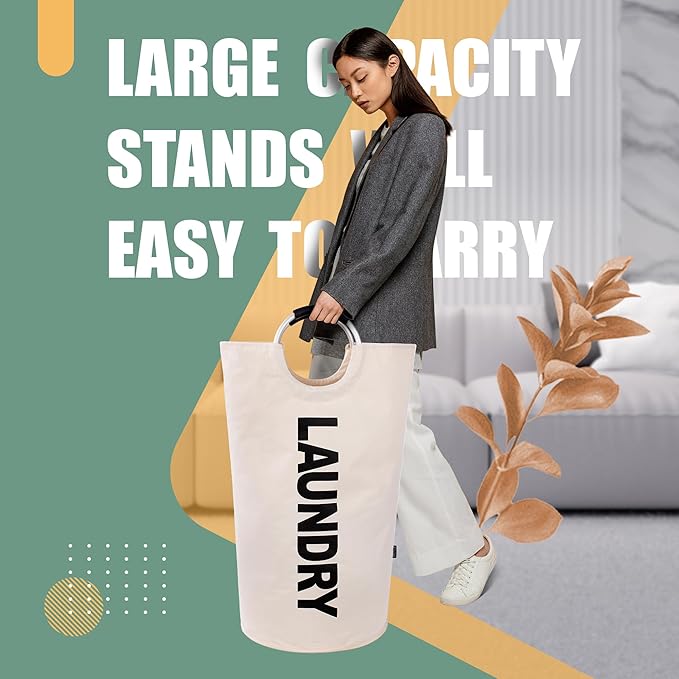 Caroeas 125L Laundry Basket,Large Laundry Hamper, Laundry Bag with Padded Handles, Clothes Hamper Stands Up Well, Collapsible Free Standing Easy Storage Washing Bin (Beige,125L)