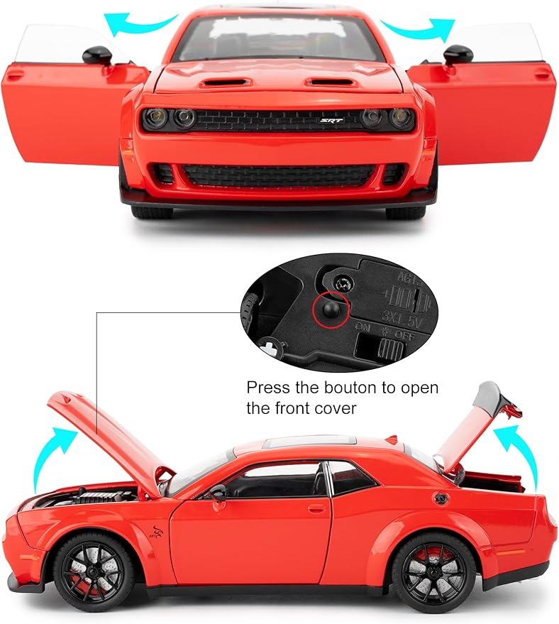 Compatible for 1/24 Dodge Challenger SRT Hellcat Car Model, Collectible Diecast Model Car with Lights and Sounds,Pull Back Car Toy for Adults Kids Birthday Gifts Decoration(Red)