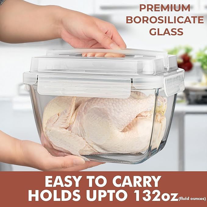 Razab 17 Cups / 132 Oz / 3900ml Large Glass Food Storage Containers with Lids - Leakproof, BPA-Free Large Meal Prep Container Ideal for Roasting Turkey, Store Leftover - Microwave & Oven Safe