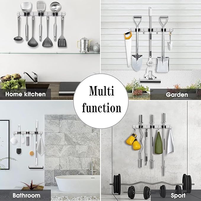 2 Pack 3 Racks and 4 Hooks Broom and Mop Holder Wall Mounted Garage Organizer Storage Tool Racks Stainless Steel Heavy Duty Hooks Self Adhesive Solid Non-slip Wall Hangers for Home Kitchen Garden