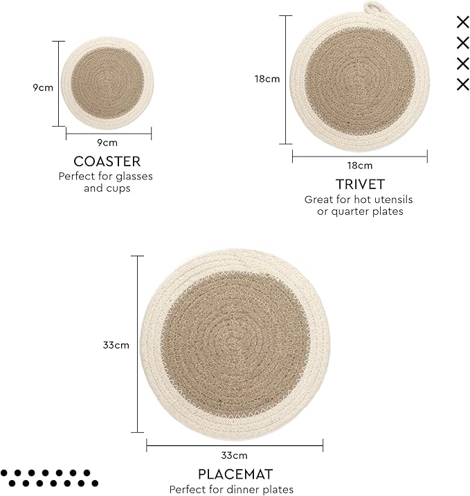 Encasa XO Round Trivet Mats for Hot Dishes with Hanging Loop | Sage Combo - Set of 6 with 7 inch Diameter | Cotton Round Thick Heat Resistant Pot Holders | Use Hot Pads Plate Mats for Hot Pots & Pans