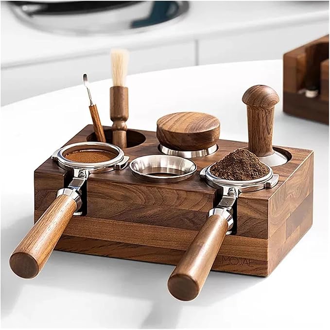 Walnut Wood Coffee Filter Holder, Espresso Tamper Mat Stand, Coffee Maker Support Base Rack, Barista Accessories(Silver)