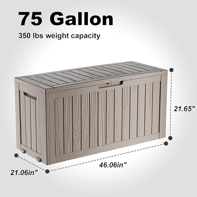 ROJIK Outdoor Storage Housing Deck Box - Waterproof Patio Furniture, Garden Tools, Cushions, Pool Accessories Storage Bench with Lockable Lid and Side Handles (Grey 75 Gal)