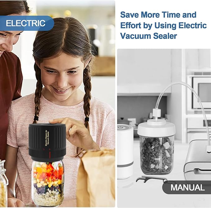 Electric Mason Cordless Vacuum Sealer Kit for Wide-Mouth & Regular-Mouth Mason Jars, for Food Storage and Fermentation, Black