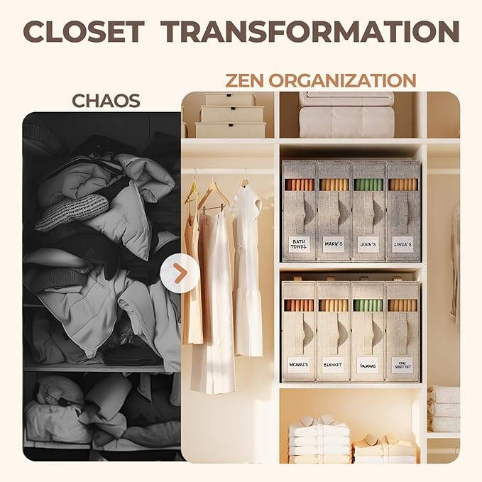 6Pack Sheet Organizers and Storage - King/Queen Size Sheet Storage Organizer with Window, Foldable & Dustproof Sheet Organizer for Linen Closet for Summer Blankets & Sheet Sets,Grey