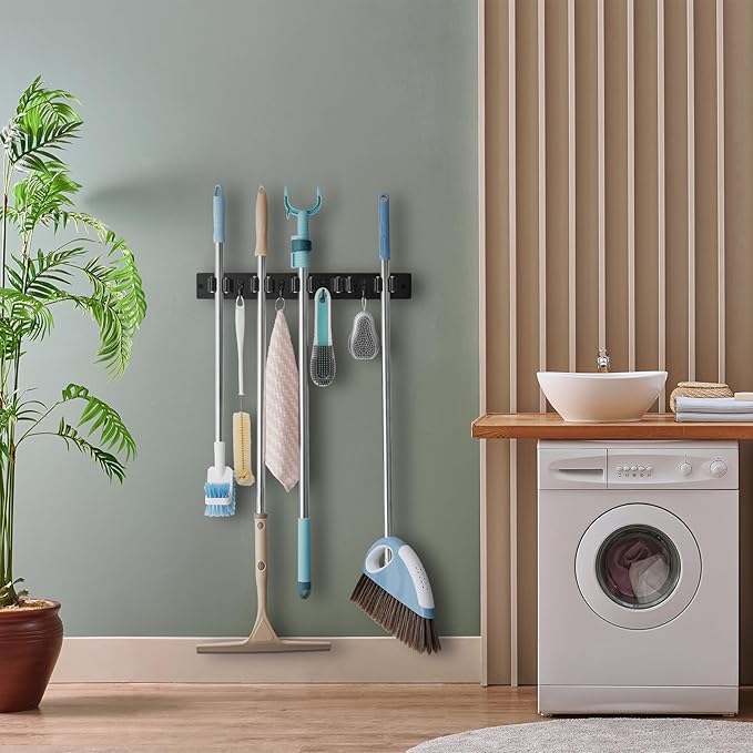 Mop and Broom Holder Wall Mount - Black Broom Mop Hanger - Wall Mounted Garden Tool Rack Organizer for Closet Garage Laundry Room Kitchen Decor With 5 Slots & 4 Hooks