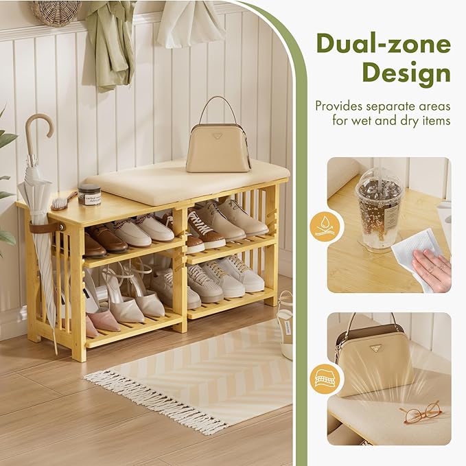 Amazer Bamboo Shoe Rack Bench, 3-Tier Shoe Bench Height Adjustable, Entry Bench with Side Storage Strap, Shoes Organizer Storage Bench, Shoe Shelf with Seat Cushion for Entryway, Living Room, Hallway