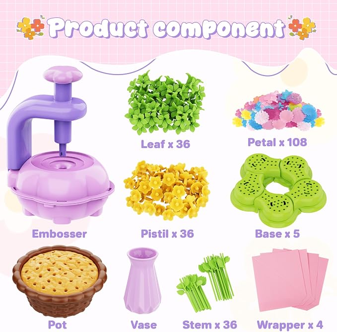 FUNZBO Craft for Girls Kids Ages 6-8-12 - Fabric Flower Making Bouquets Kit, Birthday Gifts for Age 3 4 5 6 7 Years Old Girl, Toddler Spring Summer Garden Toy