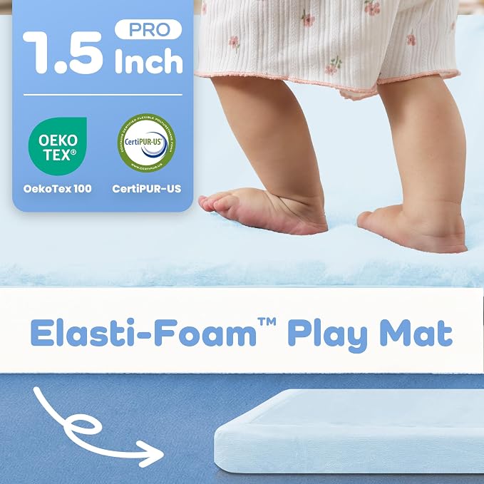 1.5" Thick Padded Baby Play Mat for Floor Tummy Time, Pro Soft Foam Activity Playroom Playmats, Easy Care with Non-Slip Safe for Infant Toddler Kids Crawling 39"x 59" (Blue)