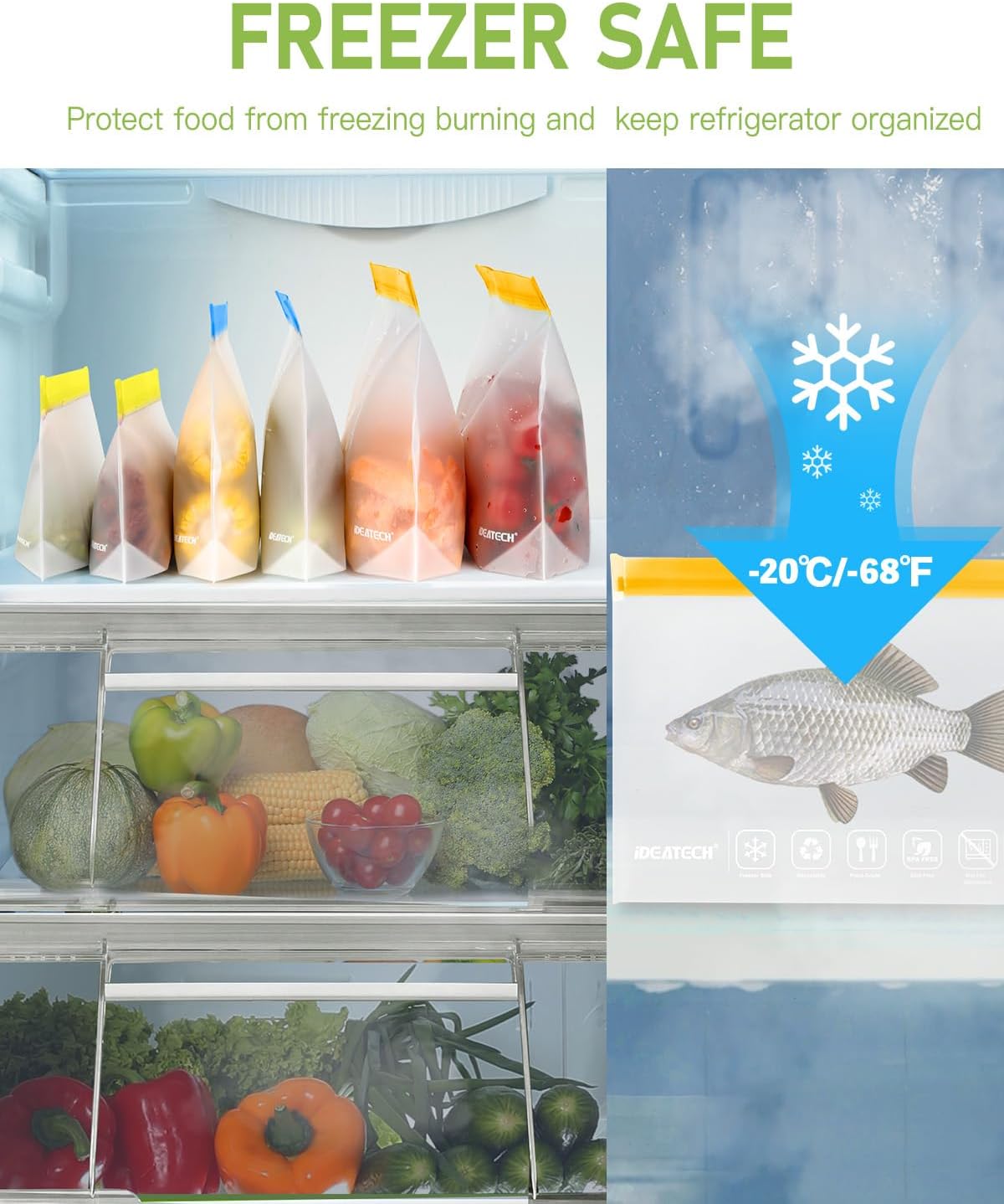 IDEATECH Gallon Freezer Food Containers, BPA Free PEVA Reusable Gallon Bags, Sandwich Bags, Lunch Baggies, Travel Healthy Food (Grey, 8Pack-8Gallon)