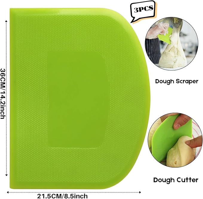 SURDOCA Dough Scraper Bench Scraper - 3P 14.2x8.5" Plastic Flexible Bowl Scraper, Sharp Edge & Angles Cake Scraper. Non-Slip Bakeware Decorating Tools Sculpting & Modeling Tools - White+Green+White