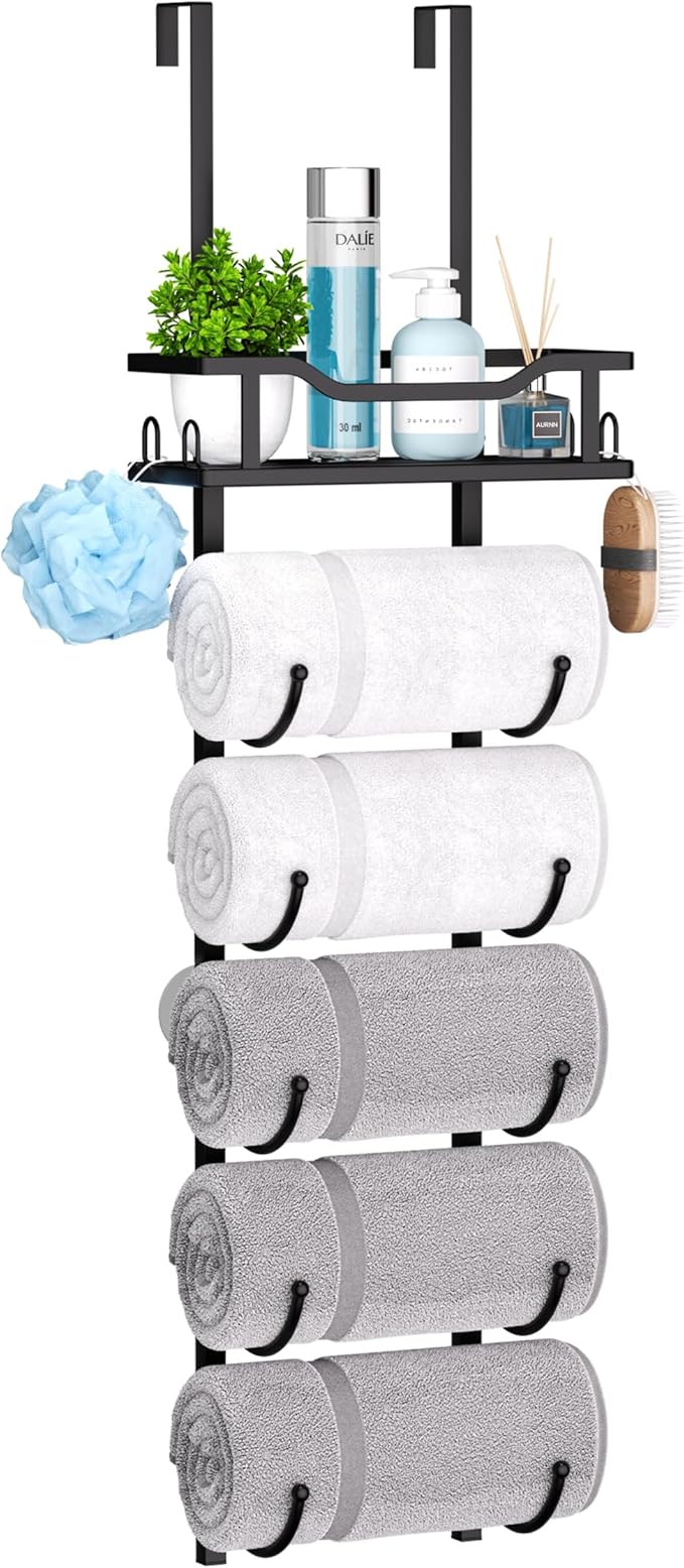 SWTYMIKI Over The Door Towel Rack - 6 Tier Towel Racks for Bathroom Wall Mounted, Towel Holder with Shelf, Hanging Rolled Towel Storage Organizer for Small Bathroom, Camper, RV, Black