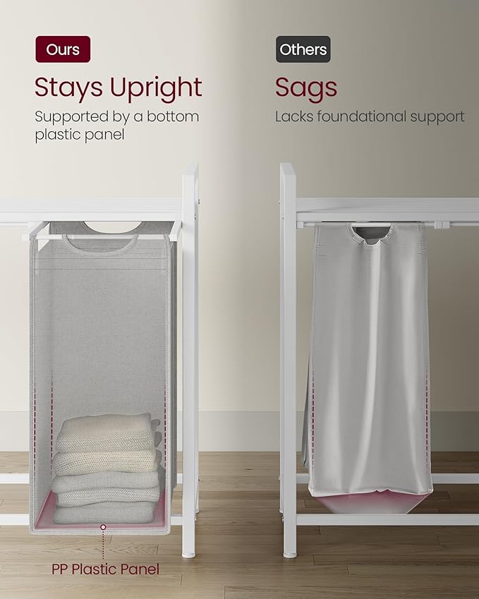 VASAGLE Laundry Hamper, Laundry Basket, Laundry Sorter with 3 Pull-Out and Removable Bags, Shelf, Metal Frame, 3 x 10.6 Gallons (40 L), 36.4 x 13 x 28.4 Inches, Dove Gray and Cloud White UBLH301W03