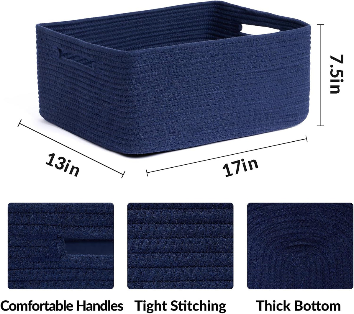 Large Storage Baskets for Shelves, Closet Organizers Bins for Clothes Blanket Towels, Baby Nursery, Toy Baskets Box, Woven Rope Baskets, 17 x 13 x 7.5”, 3 Packs Navy Blue