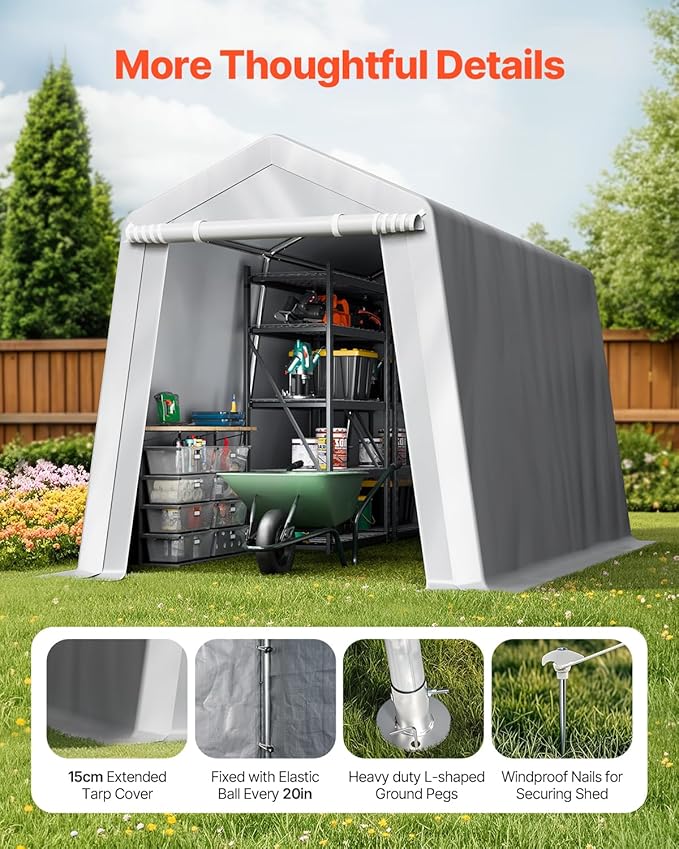 VEVOR Outdoor Storage Shed, 7 x 12 ft Portable Storage Tent with Roll-up Door & Vents, Waterproof Canopy Shed Shelter, Heavy Duty Frame, Patio Garage Carport for Motorcycle, Lawn Mower, Bike, Grey