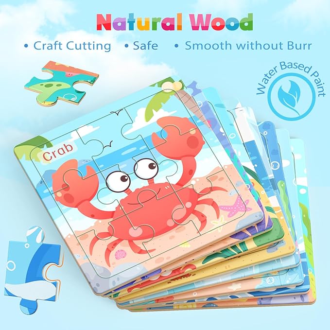 Zeoddler Wooden Puzzles for Toddlers, 8 Pack Sea Animal Jigsaw Puzzles for Kids3-5, 9 Pieces Preschool Learning Activities, Learning & Educational Toys, Gift for Boys, Girls