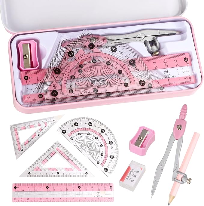 Compass Geometry Tool Protractor and Compass Set with Metal Box Drawing Compass with Rulers Math Compass Kit for Class Supplies and School 8 Piece
