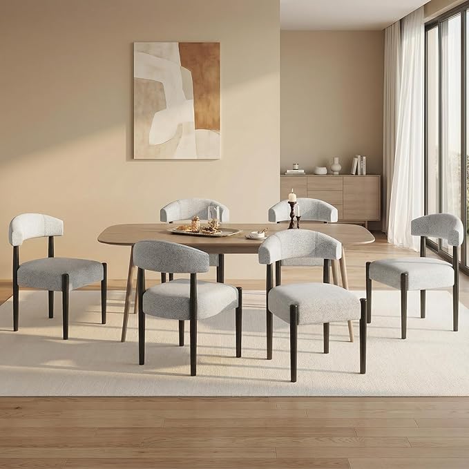 VKNOW Wooden Dining Chairs Set of 4, Modern Upholstered Dining Room Chairs with Black Rubberwood Legs and Curved Backrest, Fabric Kitchen Chairs for Dining Room, Heathered Off-White(Black Legs)