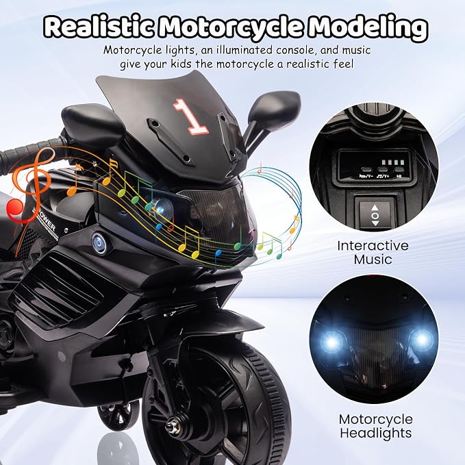 GarveeLife 6V Kids Motorcycle, Electric Ride On Car Toy with Training Wheels, Working Headlight, Horn & Music, Battery Powered Ride On Motorcycle Toy for Toddler Kids Boys Girls Ages 3-5, Black