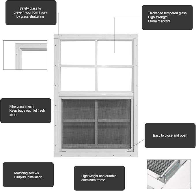 Yuzzy 12" x 18" Shed Windows with Tempered Glass and Fiberglass Screen, 2 Pack Small Sliding Windows for Shed, Chicken Coop, Playhouse, Household, Garage, Barns (White)