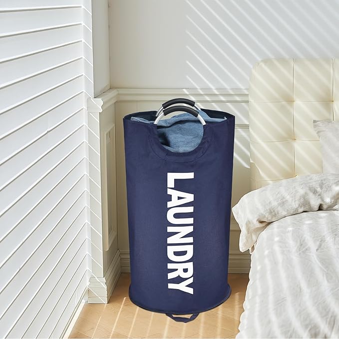90L Large Laundry Basket, Freestanding Tall Clothes Hamper, Collapsible Laundry Bag, Dark Blue