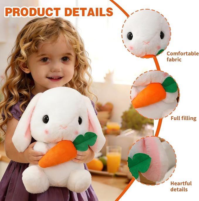 HOUPU Soft Toy - Sitting Lop Eared Rabbit, Easter White Rabbit Stuffed Bunny Animal with Carrot Soft Lovely Realistic Long-Eared Standing Pink Plush Toys (White-Carrot,8.6in/22cm)