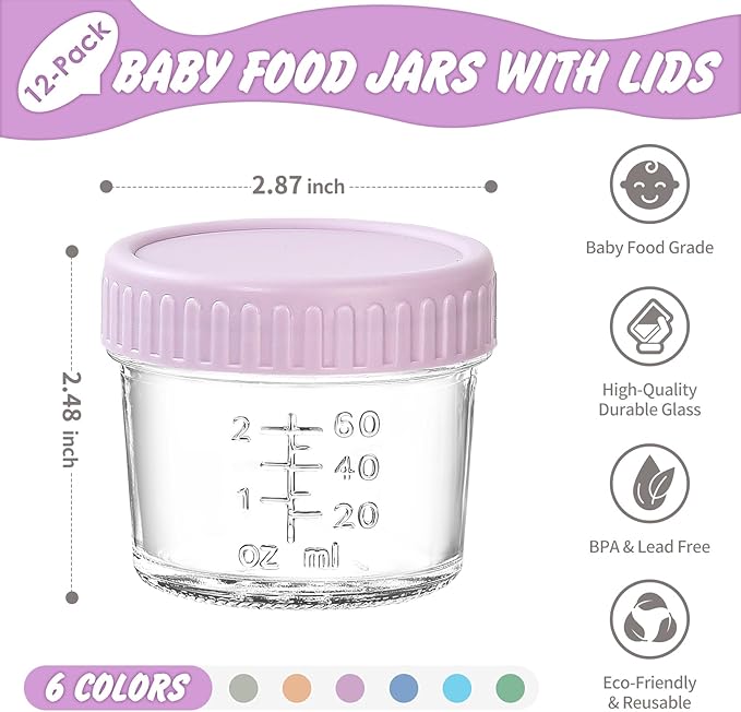 DRKIO 12 Pack Glass Baby Food Storage Containers - 4 Oz Baby Food Jars with Lids Baby Food Maker Microwave Dishwasher Freezer Safe 100% Leak Proof BPA Free Reusable
