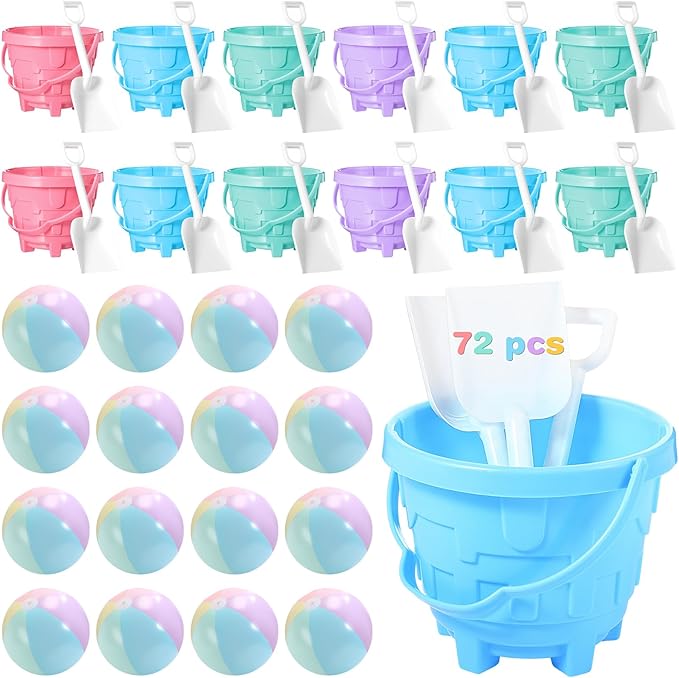 Lunmon 36 Pcs Beach Toys for Kids 12 Set Sand Buckets Shovels Bulk Pastel Beach Balls Inflatable Sand Toys for Girls Boys Toddlers Games Birthday Summer Pool Party Favor (Macaron, Castle)