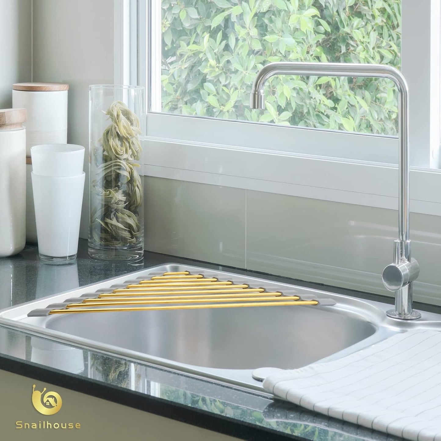 Snailhouse Small Triangle Roll Up Dish Drying Rack, Stainless Steel Kitchen Foldable Sink Caddy Organizer Sponge Holder for Sink Corner, Gold