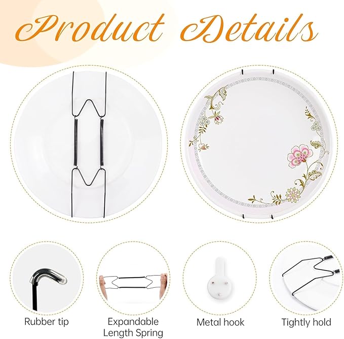 Bilillo 12 Pack Spring Plate Hangers for The Wall, Invisible Heavy Duty Wire Holders with 12 Pcs Wall Hooks, Fit 16"–20" Decorative Plates, Platters, Dishes, Black Stainless Steel