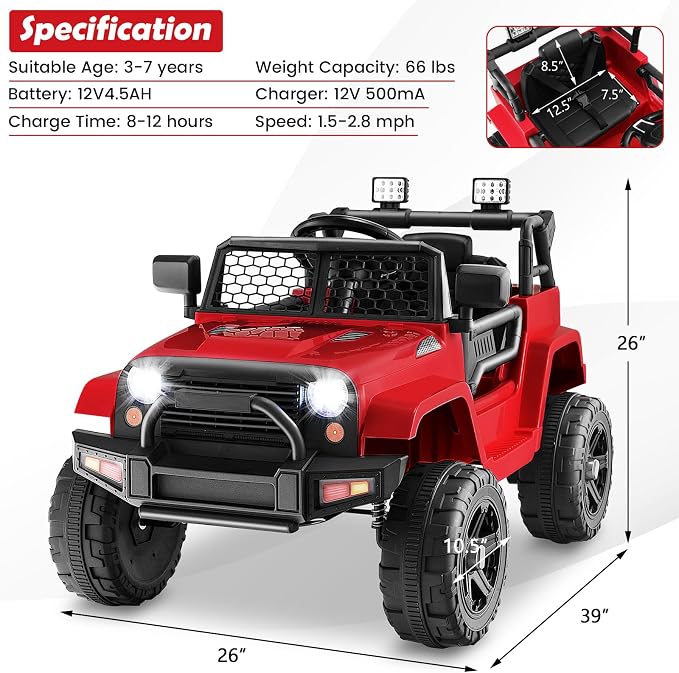 Costzon Ride on Car, 12V Battery Powered Truck Vehicle with Remote Control, Spring Suspension, Headlights, Music, Horn, MP3, USB & Aux Port, Gift for Boys Girls, Electric Car for Kids (Red)