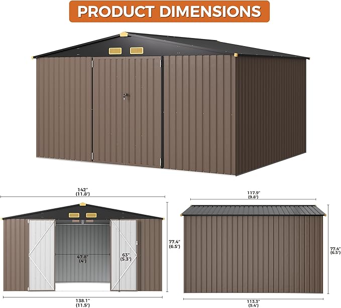 IRONCK 10x12FT Outdoor Storage Shed, Metal Garden Tool Shed with Breathable Vent and Lockable Doors, Outside Storage for Backyard, Poolside, Patio, Brown