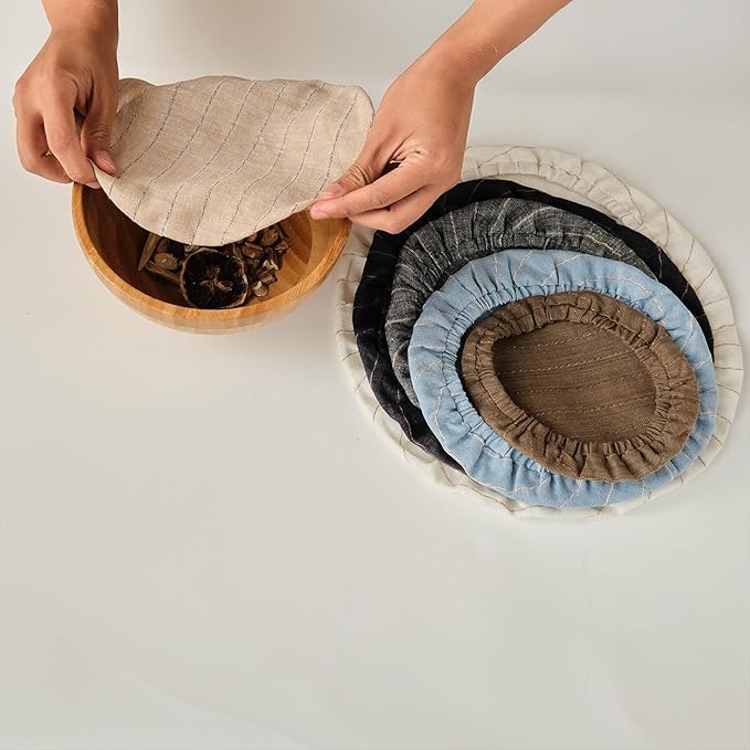 100% Pure Linen Bowl Covers For Bread Proofing, 4 Pcs Elastic Reusable Bowl Covers Large Ticking Striped Cloth Fabric Stretch Sourdough Lids, 6 * 8 * 10 * 12 Inches- Navy Blue