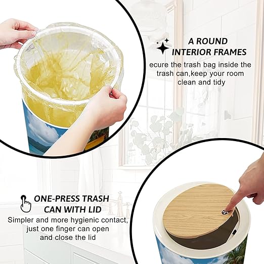 Trash Can with Lid maracas beach trinidad tobago lifeguard cabin empty beach maraca Press Top Round Small Garbage Bin with Wooden Legs Waste Basket for Kitchen Bedroom Nursery 7L/1.8 Gallon