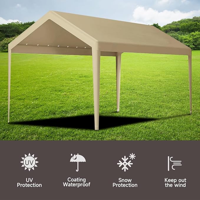 Carport Replacement Canopy, Replacement Top Cover for 10' x 20' Carport Frame, 180G PE Fabric Waterproof & UV Protected Tarp with Ball Bungees, Beige (Only Top Cover, Frame is not Included)