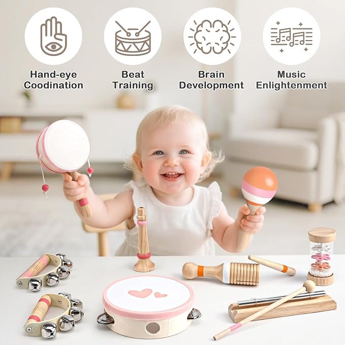 Musical Toys for 2 3 Year Old Girl Birthday Gifts, Wooden Montessori Toys for 2 Year Old, 8 in 1 Musical Instruments for Toddlers with Drum/Hand Bells/Flute/Maracas, Preschool Toys for Baby 18+ Months