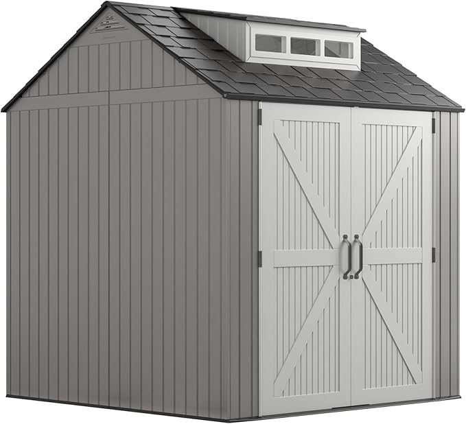 Rubbermaid Resin Outdoor Storage Shed With Floor (7 x 7 Ft) Weather Resistant Gray Organization for Home/Backyard/Garden Tools/Lawn Mower/Bike Storage/Pool Supplies
