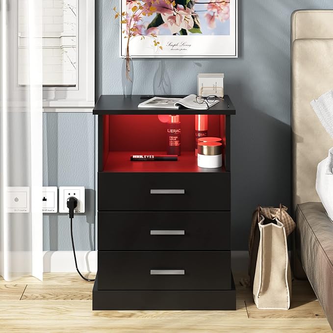 Black LED Nightstand with Charging Station, Side Table with 3 Drawers and Light, End Table with Open Storage, Beside Cabinet for Bedroom (Black)