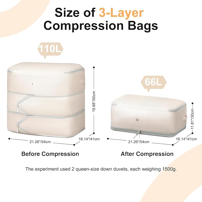 Comforter Storage Bag - Large Capacity Blanket Storage Bags 3-Layer Ultra Space Saving Self Compression Organizer, Washable Compression Bags for Storage Comforter Blanket, 8-Pack, Beige