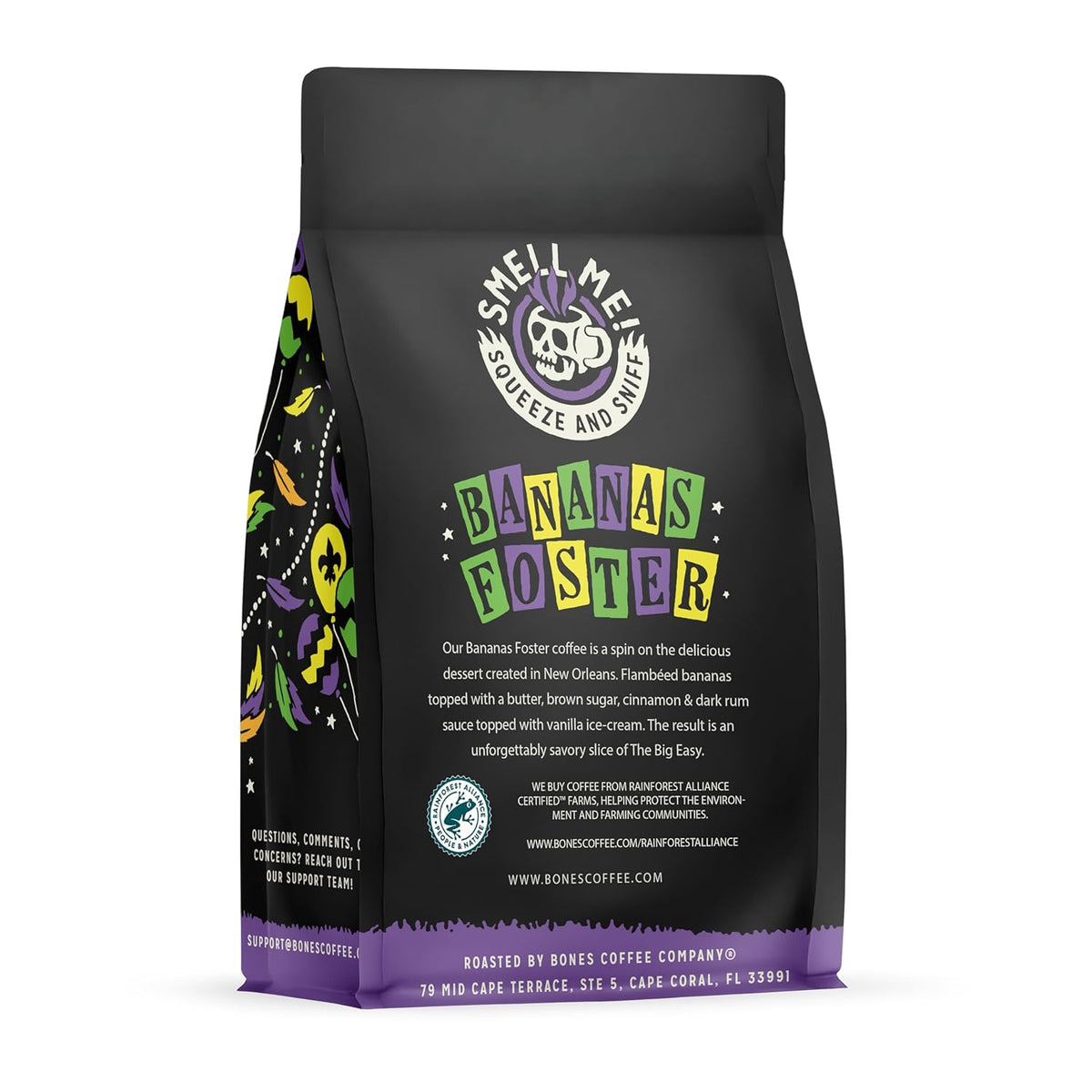 Bones Coffee Company Bananas Foster, Banana, Rum and Vanilla Flavored Coffee, Medium Roast Low Acid Arabica Beans Compatible with Auto drip and French Press Coffee Maker, 12 Oz Ground