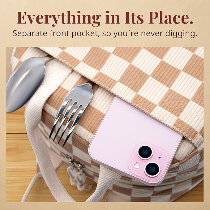 Insulated Brown checkered Lunch Bag for Women, Corduroy Tote with Aluminum Lining, Large Capacity Reusable Cooler for Work, Travel, Beach or Picnic, Checkered Water-Resistant Lunch Box