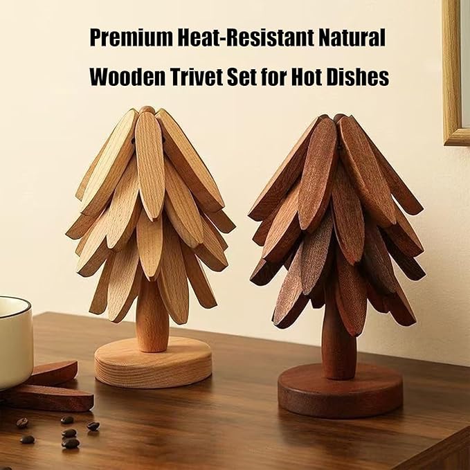 Natural Wood Tree Trivet Set, 𝐍atural Tree Trivet Set - 4 Wooden Trivets,4 Wooden 𝐓rivets & 1 Stand Like a Christmas Trees,for Hot Dish,Pot,Bowl,Teapot,Hot Pot Sets (Walnut Finish 5 Trivets,1set)